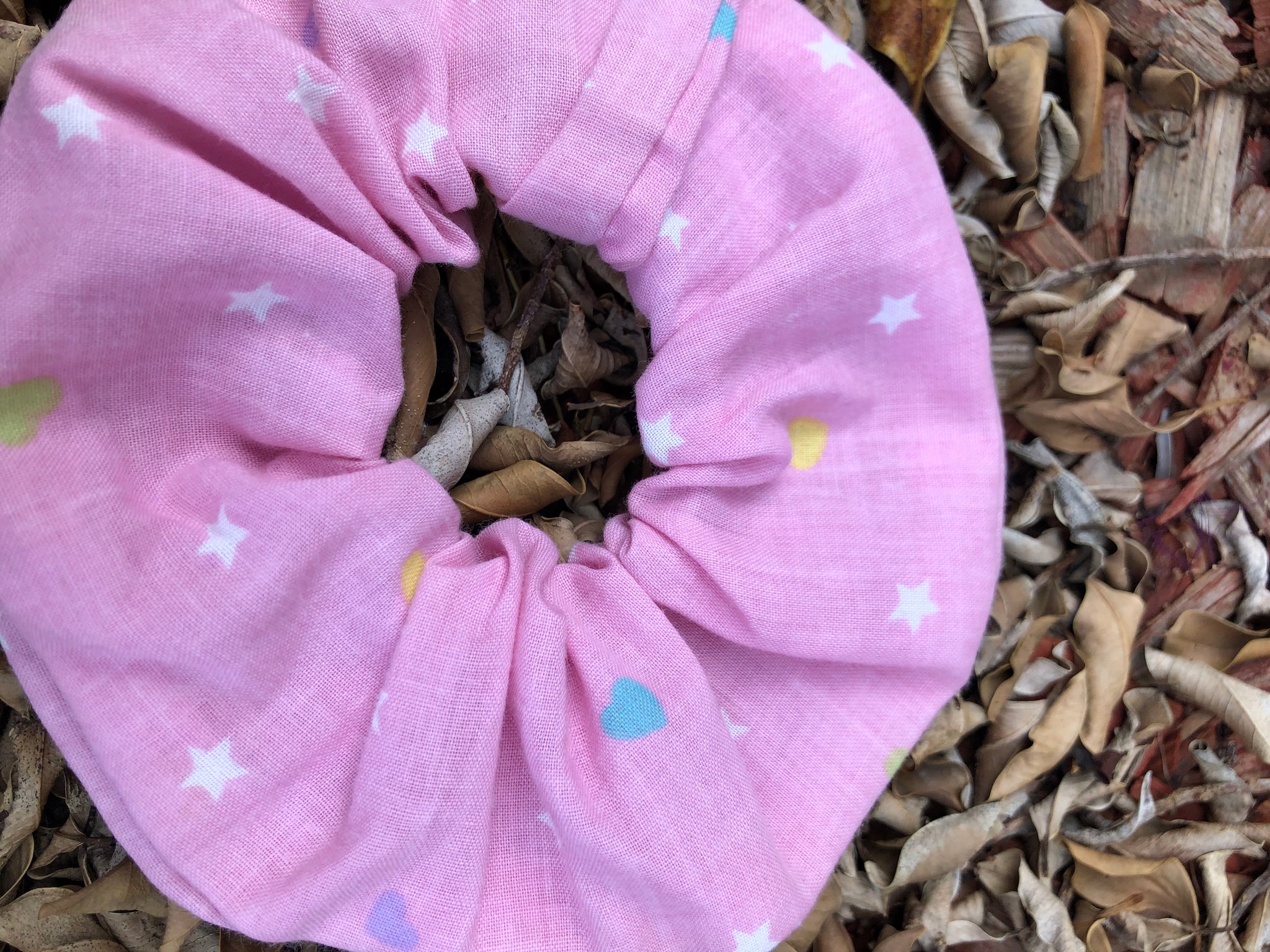 Scrunchies - Pink with white stars and coloured hearts